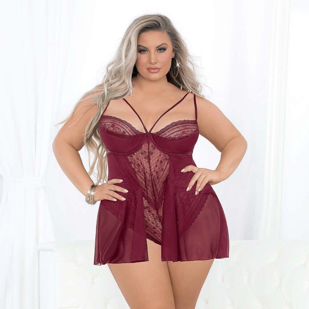 Plus Size Lace Teddy Lingerie Dark Red Underwire Flyaway Mesh Skirt Bodysuit 1X